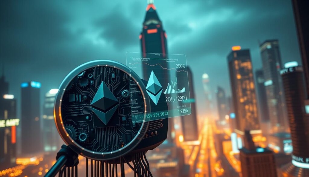 A high-tech rendering of the Ethereum Virtual Machine (EVM) with intricate circuits and gears, depicting the complex interactions involved in smart contract gas fee calculations. In the foreground, a magnified view showcases the granular details of the EVM's inner workings, including the flow of transactions, gas consumption, and fee structures. The middle ground features a holographic overlay displaying real-time data visualizations of gas prices and network activity. The background is a moody, futuristic cityscape with towering skyscrapers, neon lights, and a sense of technological advancement. The overall atmosphere conveys the technical sophistication and dynamic nature of the EVM's impact on blockchain gas fees.