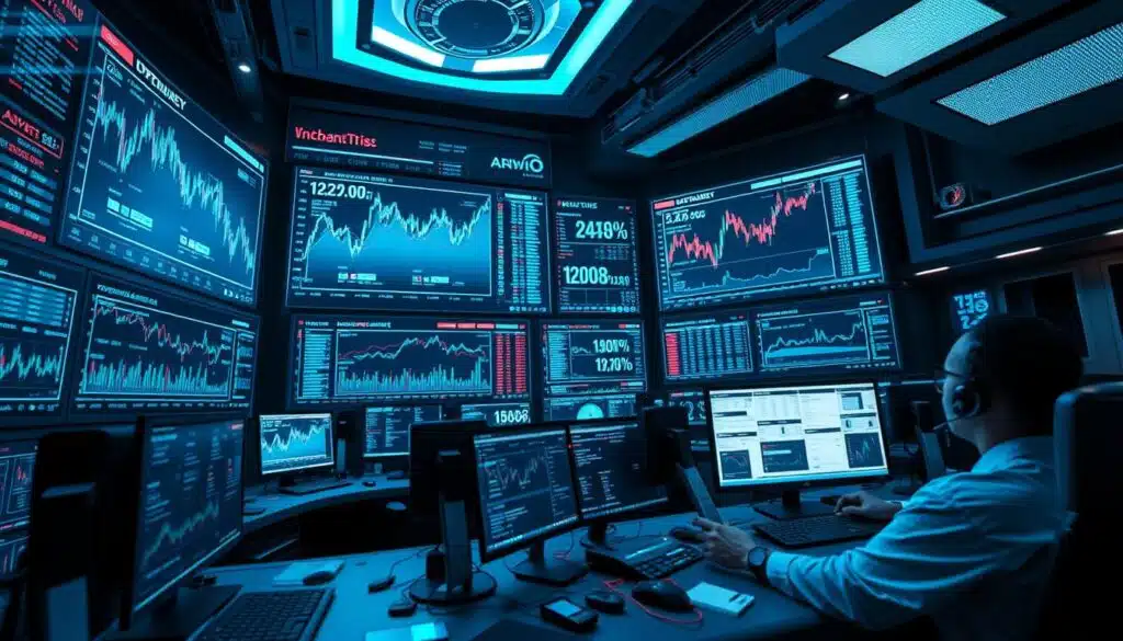 A high-tech trading command center, with a futuristic interface displaying real-time on-chain cryptocurrency data. Holographic screens showcase complex graphs, algorithms, and data visualizations. The atmosphere is intense, with a sense of urgency and focus as analysts make informed decisions based on the insights provided. Soft blue lighting illuminates the workspace, creating a calming yet productive environment. The camera angle captures the dynamism of the scene, emphasizing the intersection of advanced technology and financial strategy.