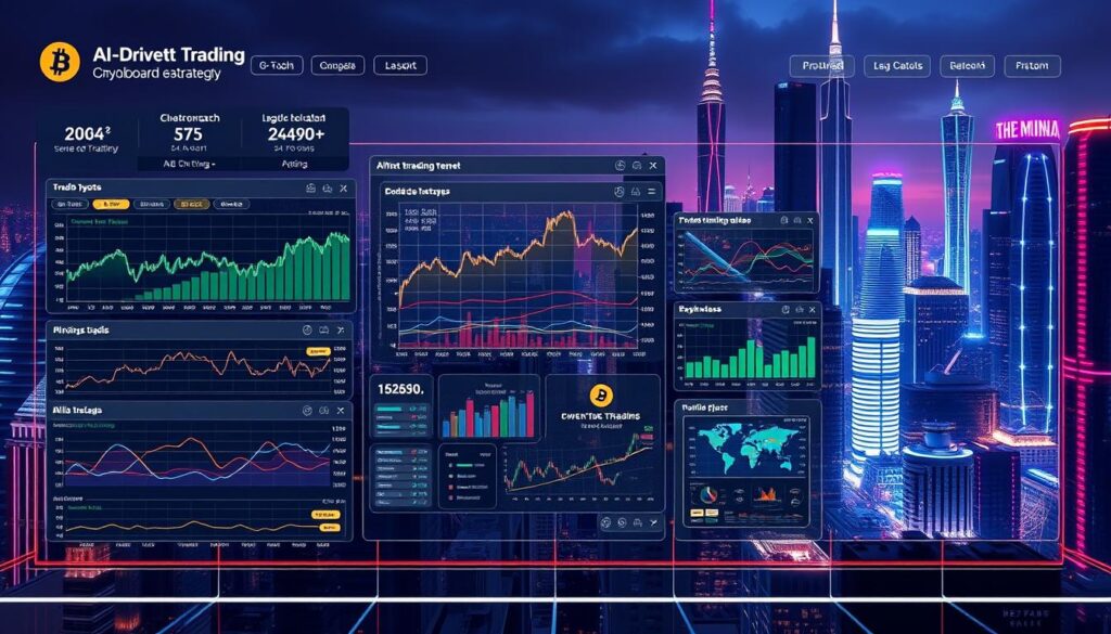 A high-tech trading dashboard with a sleek, minimalist design showcases a comprehensive overview of AI-driven crypto trading strategies. The foreground features various charts, graphs, and metrics that provide real-time insights into market trends, price fluctuations, and trading performance. The middle ground presents a series of interactive visualizations and simulations, allowing the user to explore different algorithmic trading approaches. The background depicts a futuristic cityscape with towering skyscrapers, glowing neon lights, and a vibrant, cyberpunk atmosphere. The overall scene conveys a sense of technological sophistication, data-driven decision-making, and the potential of AI-powered crypto trading strategies to outperform traditional methods. A high-tech trading dashboard with a sleek, minimalist design showcases a comprehensive overview of AI-driven crypto trading strategies. The foreground features various charts, graphs, and metrics that provide real-time insights into market trends, price fluctuations, and trading performance. The middle ground presents a series of interactive visualizations and simulations, allowing the user to explore different algorithmic trading approaches. The background depicts a futuristic cityscape with towering skyscrapers, glowing neon lights, and a vibrant, cyberpunk atmosphere. The overall scene conveys a sense of technological sophistication, data-driven decision-making, and the potential of AI-powered crypto trading strategies to outperform traditional methods.