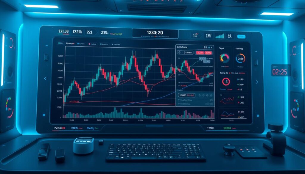 A high-tech trading dashboard with a sleek, minimalist design. In the center, a large candlestick chart displays real-time cryptocurrency data, with advanced pattern recognition algorithms automatically highlighting key formations. Surrounding it, an array of customizable indicators, trend lines, and technical analysis tools. Holographic controls and touch-sensitive interfaces allow for seamless user interaction. The scene is bathed in a cool, blue-tinted lighting, creating a sophisticated, futuristic atmosphere. The overall impression is one of power, precision, and cutting-edge financial technology.