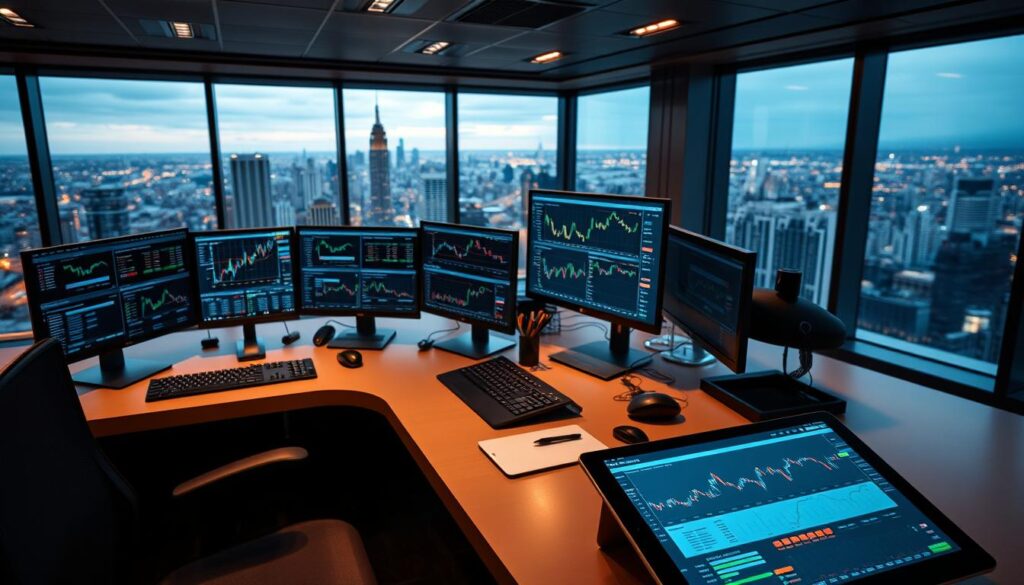 A high-tech trading desk with an array of sleek monitors, keyboards, and input devices arranged in a clean, minimalist setup. The desk is illuminated by warm, focused lighting, casting a soft glow on the various analytical tools and charting software displayed. In the foreground, a tablet device showcases live market data and trading platform interfaces, while the background features a sprawling cityscape visible through large windows, conveying a sense of being at the heart of the financial world. The overall atmosphere is one of professional focus, efficiency, and the cutting edge of modern digital trading.