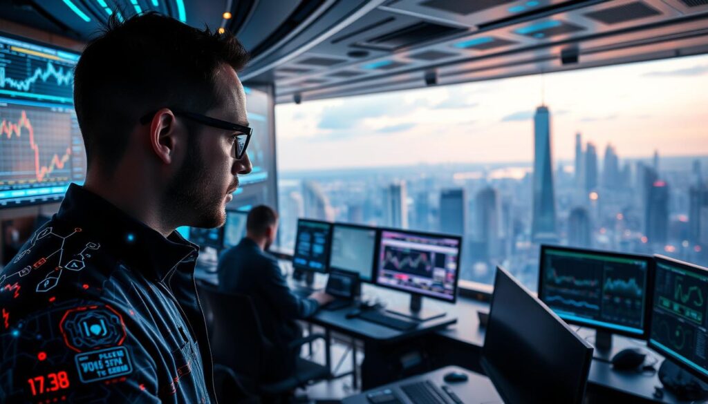 A high-tech trading floor with futuristic holographic displays, interactive AI-powered dashboards, and sleek workstations. The foreground features a trader intently analyzing real-time market data, their face illuminated by the glow of the screens. In the middle ground, advanced algorithms and neural networks visualize complex trading strategies, patterns, and predictions. The background showcases a panoramic view of a bustling city skyline, hinting at the global scope of the AI-enhanced trading ecosystem. The lighting is a balance of cool, focused tones on the workstations and warm, ambient lighting from the cityscape. The overall mood is one of technological sophistication, data-driven insights, and the seamless integration of human and artificial intelligence. A high-tech trading floor with futuristic holographic displays, interactive AI-powered dashboards, and sleek workstations. The foreground features a trader intently analyzing real-time market data, their face illuminated by the glow of the screens. In the middle ground, advanced algorithms and neural networks visualize complex trading strategies, patterns, and predictions. The background showcases a panoramic view of a bustling city skyline, hinting at the global scope of the AI-enhanced trading ecosystem. The lighting is a balance of cool, focused tones on the workstations and warm, ambient lighting from the cityscape. The overall mood is one of technological sophistication, data-driven insights, and the seamless integration of human and artificial intelligence.