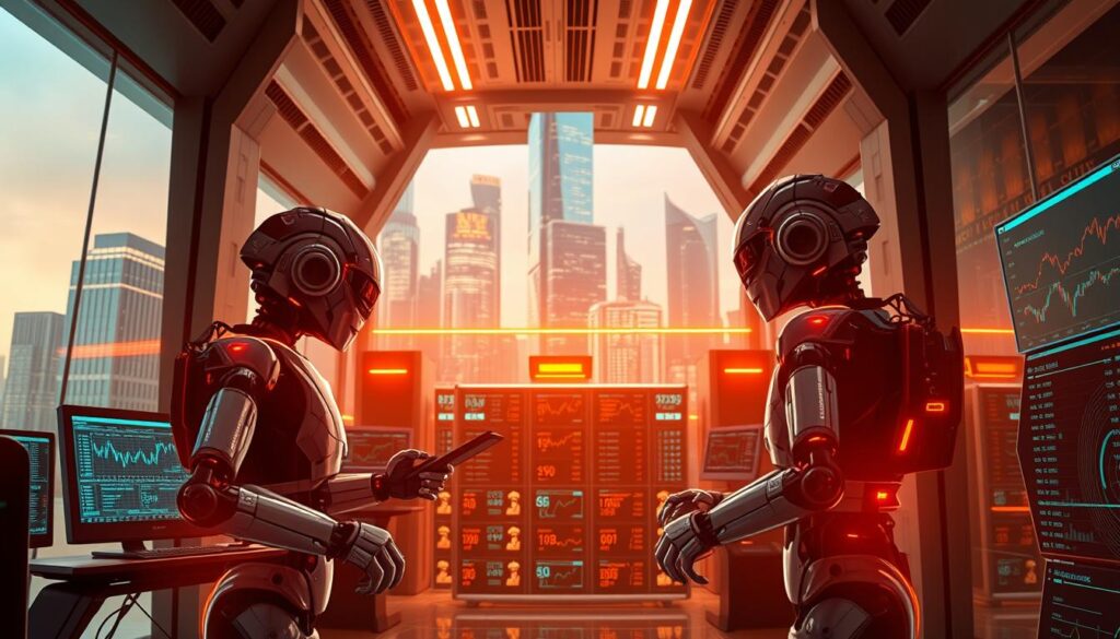 A high-tech trading hub with sleek, futuristic architecture and a dynamic atmosphere. In the foreground, a pair of arbitrage bots engage in rapid-fire transactions, their screens displaying a dizzying array of price fluctuations and market data. The middle ground features a cluster of server racks and data visualization panels, highlighting the complex algorithms and computational power driving these automated trading strategies. The background showcases a cityscape of gleaming skyscrapers, suggesting the global scale and interconnectivity of the cryptocurrency markets. Warm, saturated lighting casts a sense of energy and urgency, while a hint of complexity and mystery evokes the sophisticated nature of these algorithmic trading systems. A high-tech trading hub with sleek, futuristic architecture and a dynamic atmosphere. In the foreground, a pair of arbitrage bots engage in rapid-fire transactions, their screens displaying a dizzying array of price fluctuations and market data. The middle ground features a cluster of server racks and data visualization panels, highlighting the complex algorithms and computational power driving these automated trading strategies. The background showcases a cityscape of gleaming skyscrapers, suggesting the global scale and interconnectivity of the cryptocurrency markets. Warm, saturated lighting casts a sense of energy and urgency, while a hint of complexity and mystery evokes the sophisticated nature of these algorithmic trading systems.