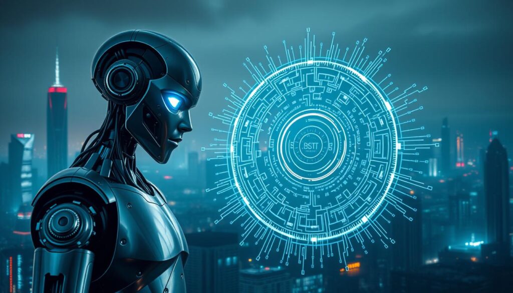 A highly detailed, cinematic image of an automated trading bot. In the foreground, a sleek, silver android-like figure stands vigilantly, its mechanical eyes glowing with an intense blue light. In the middle ground, a complex network of digital circuits and algorithms swirl in a mesmerizing display, representing the inner workings of the bot. The background is shrouded in a hazy, neon-tinted cityscape, with towering skyscrapers and a futuristic skyline. The scene is bathed in a cool, metallic color palette, evoking a sense of advanced technology and security. Dramatic lighting casts dramatic shadows, heightening the sense of mystery and power. The overall atmosphere is one of precision, control, and the power of artificial intelligence in the world of automated financial trading.