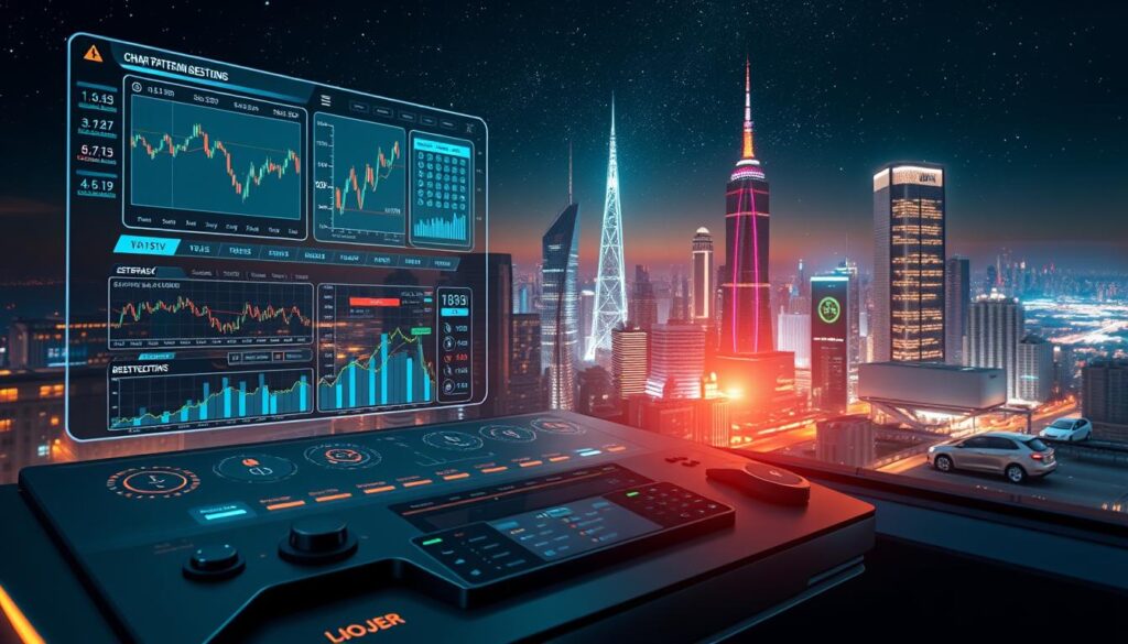A highly detailed digital illustration of an automated chart pattern recognition system. The foreground depicts a futuristic dashboard with multiple holographic charts, data visualizations, and algorithmic indicators. The middle ground showcases a sleek, metallic user interface with touchscreen controls and customizable parameters. The background features a dynamic cityscape with skyscrapers, neon lights, and a starry night sky, conveying a sense of technological advancement and urban sophistication. The scene is illuminated by warm, directional lighting that casts dramatic shadows, creating a moody, cinematic atmosphere. The overall composition emphasizes the power and precision of automated financial analysis tools.