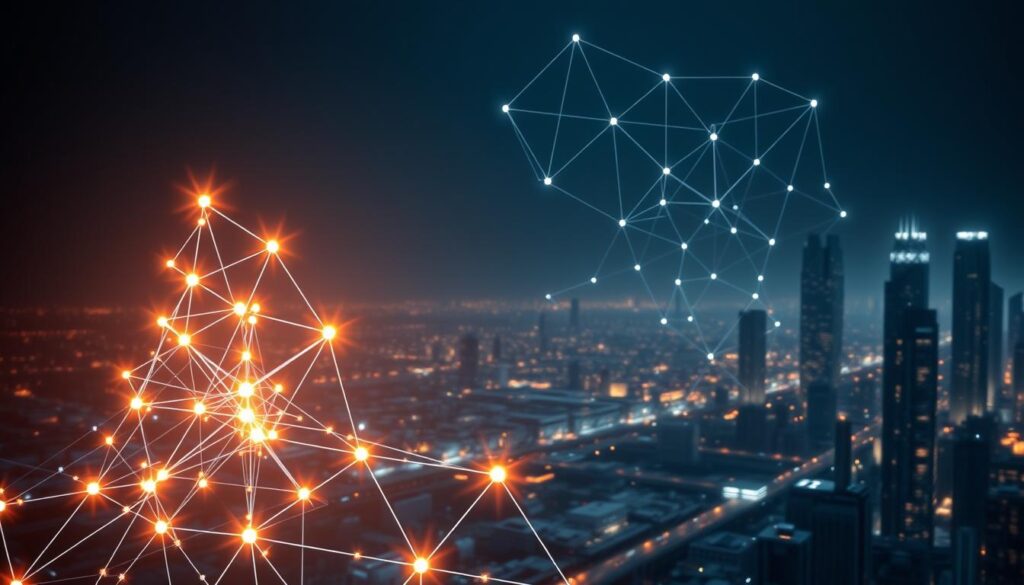 A highly detailed, futuristic network graph visualization showcasing a complex blockchain data structure. In the foreground, a striking 3D node-edge diagram with dynamic, luminescent connections pulsing with energy. In the middle ground, an intricate Directed Acyclic Graph (DAG) unfolds, its tangled pathways illuminated by soft, ambient lighting. The background depicts a sleek, minimalist cityscape, hinting at the real-world applications of this cutting-edge technology. The entire scene is rendered with a sense of depth and scale, conveying the grand, interconnected nature of blockchain-based data systems. Cinematic camera angles and dramatic lighting lend an air of sophistication and technical prowess. A highly detailed, futuristic network graph visualization showcasing a complex blockchain data structure. In the foreground, a striking 3D node-edge diagram with dynamic, luminescent connections pulsing with energy. In the middle ground, an intricate Directed Acyclic Graph (DAG) unfolds, its tangled pathways illuminated by soft, ambient lighting. The background depicts a sleek, minimalist cityscape, hinting at the real-world applications of this cutting-edge technology. The entire scene is rendered with a sense of depth and scale, conveying the grand, interconnected nature of blockchain-based data systems. Cinematic camera angles and dramatic lighting lend an air of sophistication and technical prowess.