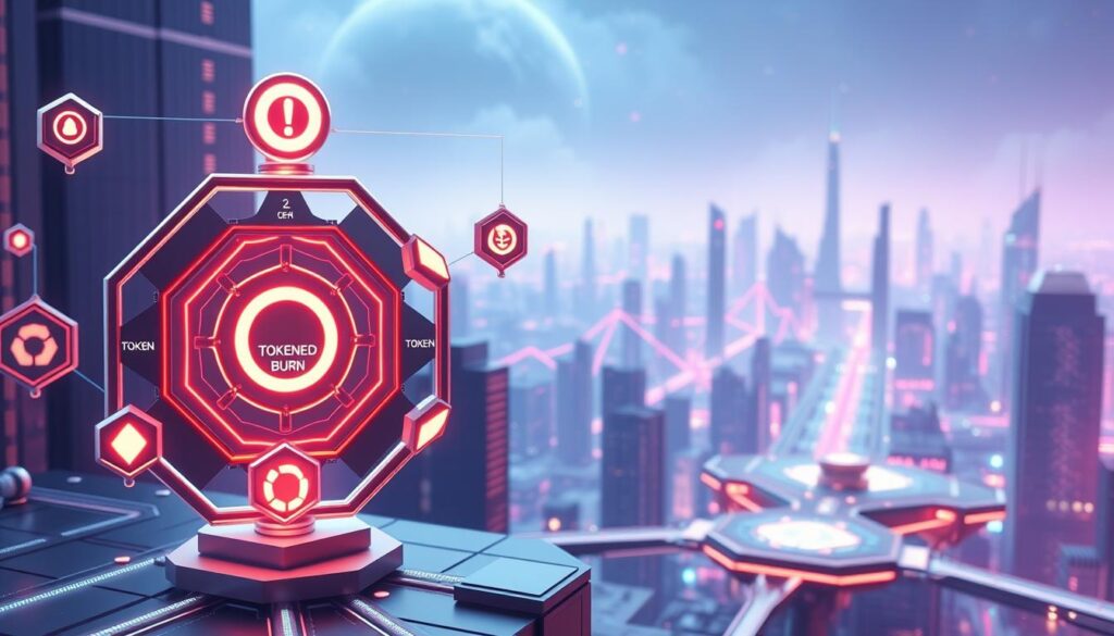 A highly detailed, meticulously rendered 3D illustration of the key components that drive the circulation and supply dynamics of cryptocurrency tokens. In the foreground, a series of interconnected geometric shapes and structures representing the token supply, token burn, token minting, and token distribution mechanisms. In the middle ground, a complex network of digital pathways, nodes, and algorithms governing the token's circulation patterns. In the background, a futuristic cityscape with skyscrapers, hovering platforms, and a glowing, data-infused skyline, conveying the technological and digital nature of the cryptocurrency ecosystem. The scene is bathed in a cool, neon-tinged lighting, creating a sleek, high-tech atmosphere.