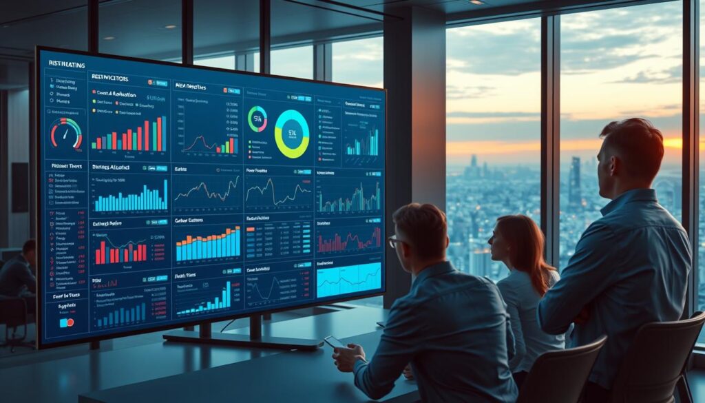 A highly detailed, photorealistic image of risk management metrics, set against a sleek, modern office environment. In the foreground, a large display screen shows a comprehensive dashboard with various charts, graphs, and data visualizations, reflecting key risk indicators, portfolio allocation, and performance analytics. The middle ground features a team of financial analysts deeply engaged in discussion, carefully reviewing the data and making informed decisions. The background showcases a panoramic view of a vibrant city skyline, with the warm glow of sunset casting a subtle, cinematic lighting effect. The overall scene conveys a sense of data-driven, strategic risk management in a high-stakes, fast-paced financial setting. A highly detailed, photorealistic image of risk management metrics, set against a sleek, modern office environment. In the foreground, a large display screen shows a comprehensive dashboard with various charts, graphs, and data visualizations, reflecting key risk indicators, portfolio allocation, and performance analytics. The middle ground features a team of financial analysts deeply engaged in discussion, carefully reviewing the data and making informed decisions. The background showcases a panoramic view of a vibrant city skyline, with the warm glow of sunset casting a subtle, cinematic lighting effect. The overall scene conveys a sense of data-driven, strategic risk management in a high-stakes, fast-paced financial setting.