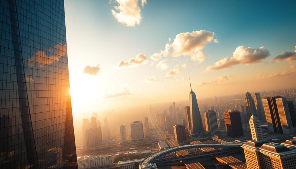 A highly detailed, photorealistic image of the benefits of sidechain scalability on a blockchain network. In the foreground, a sleek, modern skyscraper symbolizes the enhanced capacity and throughput of a sidechain. In the middle ground, a bustling city skyline with towering buildings and transportation hubs represents the increased scalability. In the background, a serene, cloud-dotted sky bathes the scene in warm, golden light, conveying a sense of progress and innovation. The image should be captured with a wide-angle lens from a low angle, emphasizing the grandeur and scope of the sidechain's capabilities. The overall tone should be one of technological sophistication and efficiency.