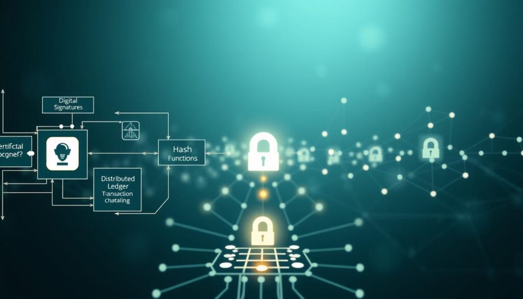 A highly detailed technical diagram showcasing the core mechanisms for IP verification in a blockchain-based intellectual property rights management system. The foreground depicts a series of interconnected components representing the different stages of the verification process, including digital signatures, hash functions, and distributed ledger technologies. The middle ground features a stylized representation of a blockchain network, with nodes and transactions visualized in a clean, minimalist aesthetic. The background subtly conveys a sense of security and trust, with faint geometric patterns and a cool, muted color palette. The overall composition strikes a balance between technical precision and visual elegance, effectively communicating the key concepts of blockchain-based IP rights management. A highly detailed technical diagram showcasing the core mechanisms for IP verification in a blockchain-based intellectual property rights management system. The foreground depicts a series of interconnected components representing the different stages of the verification process, including digital signatures, hash functions, and distributed ledger technologies. The middle ground features a stylized representation of a blockchain network, with nodes and transactions visualized in a clean, minimalist aesthetic. The background subtly conveys a sense of security and trust, with faint geometric patterns and a cool, muted color palette. The overall composition strikes a balance between technical precision and visual elegance, effectively communicating the key concepts of blockchain-based IP rights management.