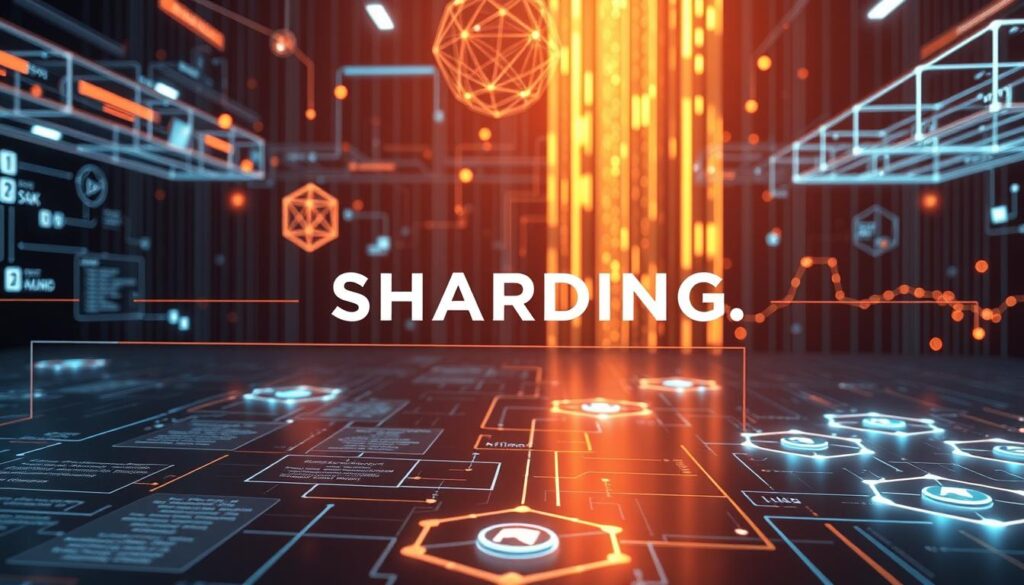 A highly detailed, technical illustration of the sharding implementation process for blockchain technology. The image should depict various stages of the sharding workflow, such as network partitioning, data sharding, consensus mechanisms, and transaction processing. The foreground should showcase the core sharding steps with clear, labeled diagrams. The middle ground could include abstract representations of blockchain nodes, data structures, and communication channels. The background should convey a sense of scale and complexity, with a futuristic, minimalist aesthetic featuring wireframe models, hexagonal grids, and glowing data flows. Utilize a cinematic, high-contrast lighting setup to emphasize the technical nature of the subject matter. Maintain a clean, uncluttered composition that effectively communicates the fundamental concepts of blockchain sharding. A highly detailed, technical illustration of the sharding implementation process for blockchain technology. The image should depict various stages of the sharding workflow, such as network partitioning, data sharding, consensus mechanisms, and transaction processing. The foreground should showcase the core sharding steps with clear, labeled diagrams. The middle ground could include abstract representations of blockchain nodes, data structures, and communication channels. The background should convey a sense of scale and complexity, with a futuristic, minimalist aesthetic featuring wireframe models, hexagonal grids, and glowing data flows. Utilize a cinematic, high-contrast lighting setup to emphasize the technical nature of the subject matter. Maintain a clean, uncluttered composition that effectively communicates the fundamental concepts of blockchain sharding.
