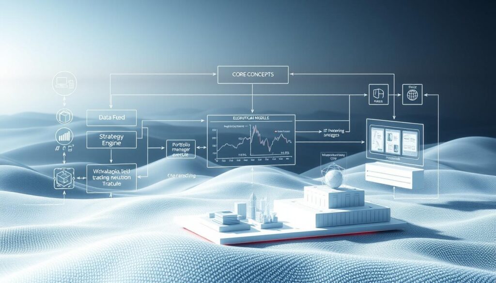 A highly detailed, technically accurate diagram of a core concepts trading bot architecture, rendered with intricate precision and technical sophistication. The foreground depicts the various components of the trading bot system, including the data feed, strategy engine, portfolio manager, and execution module, all connected by clean, crisp lines and data flows. The middle ground showcases a 3D visualization of the algorithmic trading strategies, with complex mathematical models and visualizations. The background features a serene, ethereal landscape with a subtle gradient of blues and grays, creating a sense of depth and atmosphere. The lighting is soft and diffused, casting gentle shadows and highlights to accentuate the technical details. The overall mood is one of scientific rigor, technical elegance, and the power of AI-driven financial modeling. A highly detailed, technically accurate diagram of a core concepts trading bot architecture, rendered with intricate precision and technical sophistication. The foreground depicts the various components of the trading bot system, including the data feed, strategy engine, portfolio manager, and execution module, all connected by clean, crisp lines and data flows. The middle ground showcases a 3D visualization of the algorithmic trading strategies, with complex mathematical models and visualizations. The background features a serene, ethereal landscape with a subtle gradient of blues and grays, creating a sense of depth and atmosphere. The lighting is soft and diffused, casting gentle shadows and highlights to accentuate the technical details. The overall mood is one of scientific rigor, technical elegance, and the power of AI-driven financial modeling.