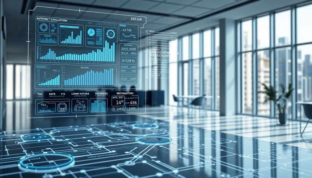 A highly detailed, technically accurate image of an automated tax calculation system. The foreground features a futuristic, holographic interface with floating data visualizations, statistical graphs, and financial formulas. The middle ground showcases a complex network of interconnected algorithms and machine learning models, all working in harmony to process tax information. The background depicts a sleek, minimalist office environment with floor-to-ceiling windows, allowing natural light to pour in and illuminate the scene. The overall mood is one of precision, efficiency, and technological sophistication, conveying the enhanced accuracy and reliability of the automated tax calculations. A highly detailed, technically accurate image of an automated tax calculation system. The foreground features a futuristic, holographic interface with floating data visualizations, statistical graphs, and financial formulas. The middle ground showcases a complex network of interconnected algorithms and machine learning models, all working in harmony to process tax information. The background depicts a sleek, minimalist office environment with floor-to-ceiling windows, allowing natural light to pour in and illuminate the scene. The overall mood is one of precision, efficiency, and technological sophistication, conveying the enhanced accuracy and reliability of the automated tax calculations.