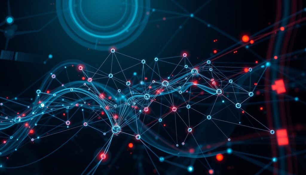 A highly technical neural network diagram showcases cryptocurrency price volatility prediction. The network architecture is displayed in intricate detail, with nodes, layers, and connections illustrated in a sleek, futuristic style. Swirling data streams and holographic overlays add depth and complexity, conveying the sophisticated algorithms at work. A moody, neon-tinged color palette with deep shadows sets an ominous, high-tech tone. The overall image evokes the power and precision of advanced machine learning applied to the volatile world of digital currencies.