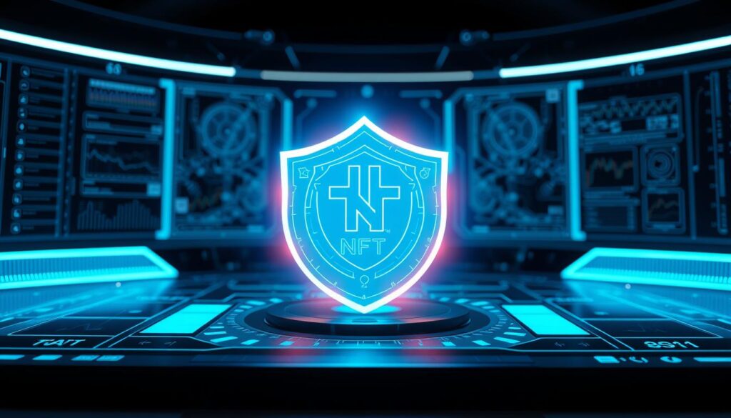 A holographic digital shield envelops a non-fungible token (NFT), symbolizing its protection by a comprehensive insurance policy. The shield glows with a vibrant, electric blue hue, casting a soft, ambient light across the scene. In the background, a sleek, high-tech control panel displays intricate data visualizations, conveying the complex mechanisms underlying the NFT insurance contract. The overall mood is one of technological sophistication, security, and the reassuring presence of a robust digital safeguard for the valuable NFT asset. A holographic digital shield envelops a non-fungible token (NFT), symbolizing its protection by a comprehensive insurance policy. The shield glows with a vibrant, electric blue hue, casting a soft, ambient light across the scene. In the background, a sleek, high-tech control panel displays intricate data visualizations, conveying the complex mechanisms underlying the NFT insurance contract. The overall mood is one of technological sophistication, security, and the reassuring presence of a robust digital safeguard for the valuable NFT asset.
