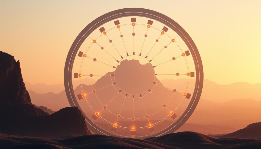 A large, circular Proof of Stake validator selection process, with various nodes representing validators in the network. The nodes are connected by glowing, ethereal lines, symbolizing the consensus mechanism. The background is a minimalist, futuristic landscape with a soft, ambient lighting that bathes the scene in a warm, serene glow. The overall composition conveys a sense of order, decentralization, and the elegant mechanics of the Proof of Stake consensus protocol.
