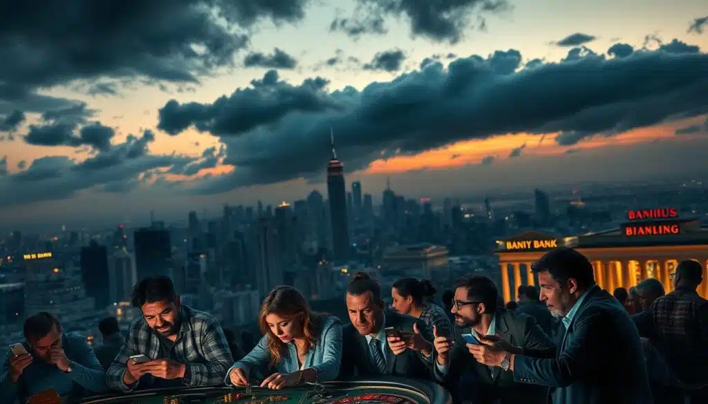 A large city skyline at dusk, with ominous dark clouds looming overhead. In the foreground, a group of people frantically engaging in various risk-taking behaviors - day trading on their smartphones, gambling at a casino, and speculating on volatile cryptocurrency markets. Their facial expressions convey a sense of desperation and uncertainty. In the middle ground, financial institutions and banks appear to be in distress, with their lights flickering and doors closing. The background is a hazy, desaturated landscape, suggesting an economic downturn and liquidity crunch. The lighting is dramatic, with stark contrasts between light and shadow, reflecting the turbulent nature of the scene.