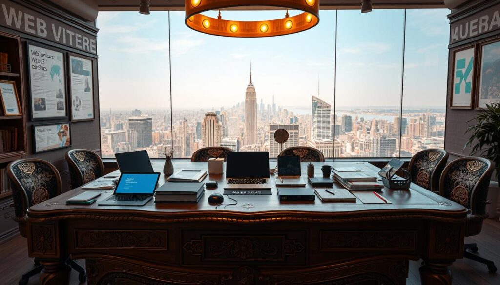 A large, ornate wooden table dominates the foreground, adorned with various digital devices, documents, and other accoutrements of successful web3 projects. The table is illuminated by a warm, golden light from overhead, creating a cozy and professional atmosphere. In the middle ground, the walls are adorned with framed case studies and success stories, showcasing the achievements of prominent web3 ventures. The background features a panoramic view of a bustling city skyline, hinting at the global impact and scale of the featured projects. The overall scene conveys a sense of innovation, collaboration, and the promise of web3 technology. A large, ornate wooden table dominates the foreground, adorned with various digital devices, documents, and other accoutrements of successful web3 projects. The table is illuminated by a warm, golden light from overhead, creating a cozy and professional atmosphere. In the middle ground, the walls are adorned with framed case studies and success stories, showcasing the achievements of prominent web3 ventures. The background features a panoramic view of a bustling city skyline, hinting at the global impact and scale of the featured projects. The overall scene conveys a sense of innovation, collaboration, and the promise of web3 technology.