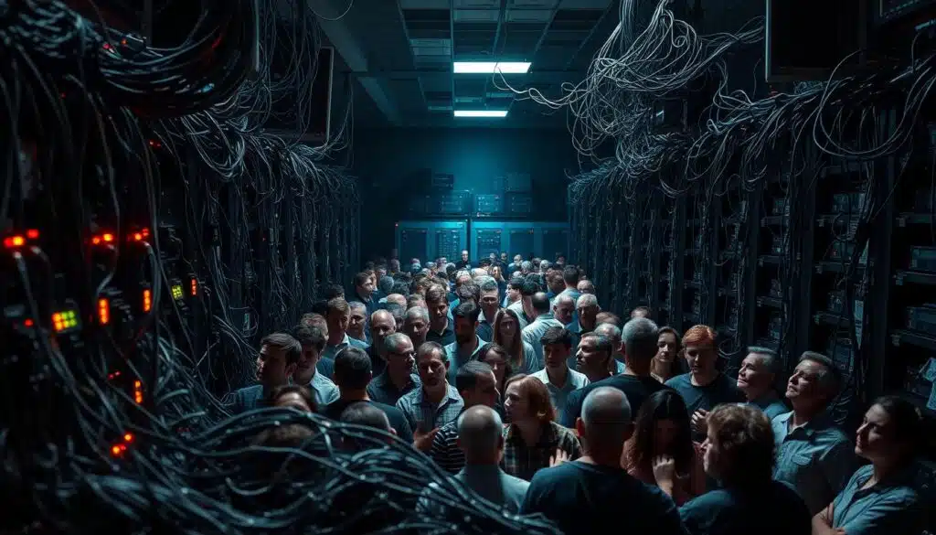 A large-scale voting system, its servers and terminals stretched thin, overwhelmed by the sheer volume of users trying to cast their ballots. In the foreground, a tangled web of network cables and blinking indicators, symbolizing the technological complexity and potential bottlenecks. In the middle ground, a sea of frustrated voters, their faces etched with concern, highlighting the human impact of scalability challenges. The background reveals a dimly lit, cluttered server room, its racks of equipment struggling to keep up with the demand. Harsh lighting casts dramatic shadows, creating a sense of tension and unease. The overall mood is one of systemic strain, underscoring the urgent need to address scalability issues in modern online voting platforms.