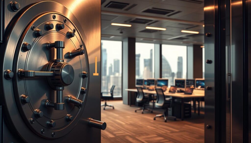A large, secure-looking vault door dominates the foreground, its intricate locking mechanisms and sturdy construction conveying a sense of safety and protection. The middle ground features a sleek, modern office space, with desks and computer screens displaying various financial data and cryptocurrency charts. In the background, a cityscape with towering skyscrapers can be seen through the window, suggesting a bustling financial district. The lighting is soft and warm, creating a professional and trustworthy atmosphere. The overall scene suggests an institutional-grade solution for the secure custody and insurance of digital assets. A large, secure-looking vault door dominates the foreground, its intricate locking mechanisms and sturdy construction conveying a sense of safety and protection. The middle ground features a sleek, modern office space, with desks and computer screens displaying various financial data and cryptocurrency charts. In the background, a cityscape with towering skyscrapers can be seen through the window, suggesting a bustling financial district. The lighting is soft and warm, creating a professional and trustworthy atmosphere. The overall scene suggests an institutional-grade solution for the secure custody and insurance of digital assets.