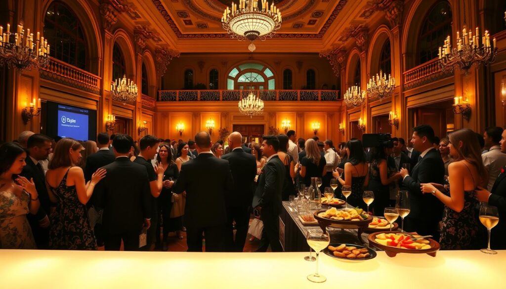 A lavish VIP event at a prestigious venue, illuminated by warm, inviting lighting. In the foreground, a group of elegantly dressed attendees mingling and engaging in lively conversation. In the middle ground, a long table laden with gourmet hors d'oeuvres and fine beverages. In the background, a grand, ornate interior with high ceilings, intricate architectural details, and subtle hints of luxury. The atmosphere exudes exclusivity, sophistication, and a sense of community belonging, captured through a wide, cinematic lens. A lavish VIP event at a prestigious venue, illuminated by warm, inviting lighting. In the foreground, a group of elegantly dressed attendees mingling and engaging in lively conversation. In the middle ground, a long table laden with gourmet hors d'oeuvres and fine beverages. In the background, a grand, ornate interior with high ceilings, intricate architectural details, and subtle hints of luxury. The atmosphere exudes exclusivity, sophistication, and a sense of community belonging, captured through a wide, cinematic lens.