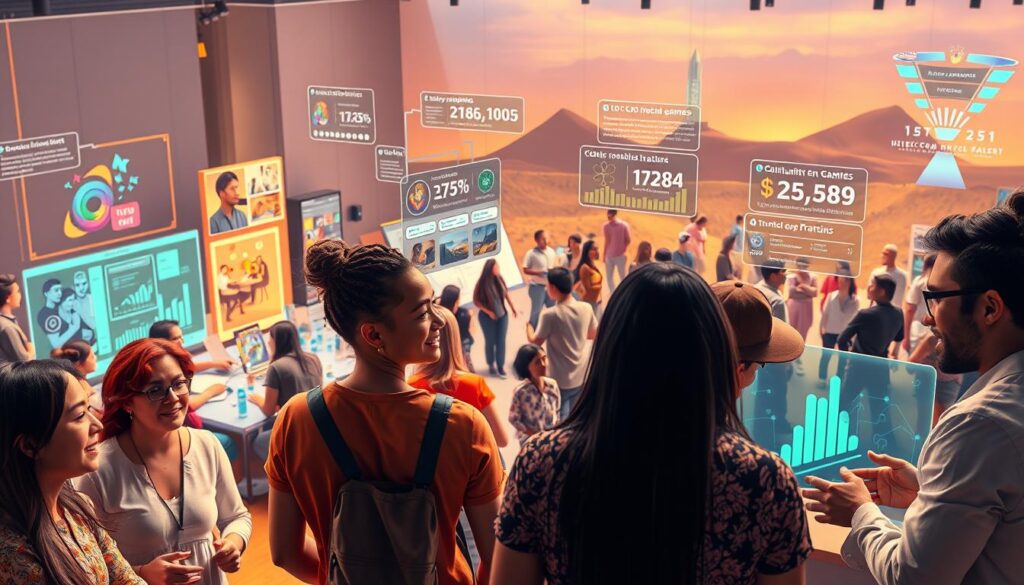 A lively and vibrant scene showcasing various strategies for effective NFT community engagement. In the foreground, a group of diverse individuals engaged in lively discussion, their expressions animated as they share ideas. The middle ground features a bustling hub of activity, with community members collaborating on digital art projects, participating in interactive games, and networking. In the background, a sleek and modern virtual landscape, dotted with holographic displays highlighting metrics, leaderboards, and milestones that celebrate the community's achievements. Warm lighting and a sense of energy and excitement permeate the scene, capturing the essence of a thriving, engaged NFT community. A lively and vibrant scene showcasing various strategies for effective NFT community engagement. In the foreground, a group of diverse individuals engaged in lively discussion, their expressions animated as they share ideas. The middle ground features a bustling hub of activity, with community members collaborating on digital art projects, participating in interactive games, and networking. In the background, a sleek and modern virtual landscape, dotted with holographic displays highlighting metrics, leaderboards, and milestones that celebrate the community's achievements. Warm lighting and a sense of energy and excitement permeate the scene, capturing the essence of a thriving, engaged NFT community.