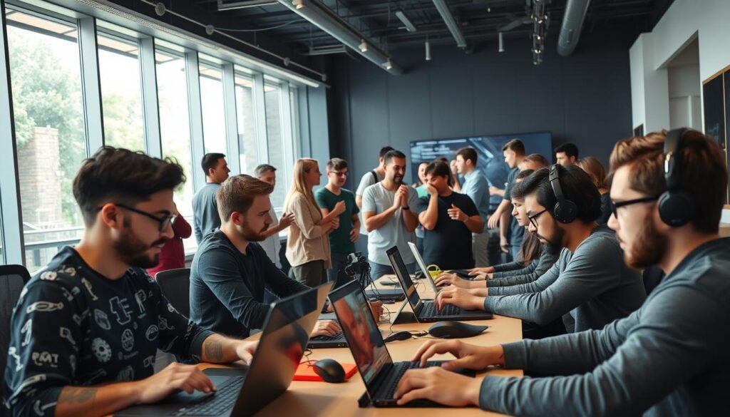 A lively community of crypto enthusiasts engaged in productive discussions, coding sessions, and collaborative problem-solving. In the foreground, a group of developers intently working on their laptops, lines of code reflecting in their focused expressions. In the middle ground, animated conversations among community members, gesturing excitedly as they exchange ideas. The background features a sleek, modern office space with large windows, allowing natural light to flood the scene and create a sense of openness and creativity. The overall atmosphere is one of energy, innovation, and a shared passion for shaping the future of the crypto gaming ecosystem. A lively community of crypto enthusiasts engaged in productive discussions, coding sessions, and collaborative problem-solving. In the foreground, a group of developers intently working on their laptops, lines of code reflecting in their focused expressions. In the middle ground, animated conversations among community members, gesturing excitedly as they exchange ideas. The background features a sleek, modern office space with large windows, allowing natural light to flood the scene and create a sense of openness and creativity. The overall atmosphere is one of energy, innovation, and a shared passion for shaping the future of the crypto gaming ecosystem.