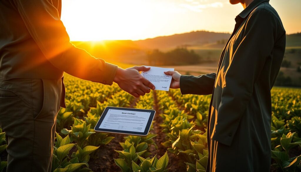A lush, verdant farmland with rolling hills in the background, under a warm, golden sunset sky. In the foreground, a farmer and an agricultural expert shake hands, finalizing a smart contract displayed on a sleek, futuristic tablet device. The contract's terms are illuminated, showcasing the transparency and trust enabled by blockchain technology. In the middle ground, rows of thriving crops sway gently, symbolizing the empowerment of fair payments and the strengthening of the agricultural supply chain. Subtle lens flare and a sense of optimism and progress permeate the scene.