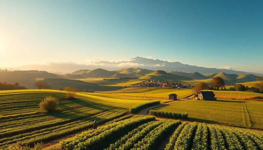 A lush, verdant landscape with rolling hills and a picturesque farmstead nestled in the distance. In the foreground, a group of farmers carefully tend to their crops, meticulously planning their strategy for a bountiful harvest. The scene is bathed in warm, golden sunlight, casting long shadows across the fields. In the middle ground, a network of dirt paths wind through the farmland, connecting various structures and resources. In the background, a towering mountain range stands sentinel, its peaks partially obscured by wispy clouds. The overall atmosphere is one of peaceful productivity and strategic gameplay, reflecting the merge of farming and strategy elements in a captivating blockchain game experience.