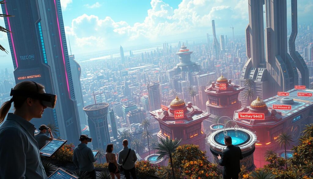 A lush, virtual landscape of towering skyscrapers and futuristic structures, bathed in a vibrant, neon-tinged glow. In the foreground, a group of individuals in sleek, augmented reality headsets explore the terrain, examining holographic displays and negotiating digital contracts. The middle ground features various interactive hubs, where virtual avatars showcase enticing metaverse real estate investment opportunities, complete with floating price tags and projected revenue streams. In the background, a sprawling cityscape of interconnected virtual worlds, each with its own unique architectural style and hidden investment potentials. Cinematic lighting casts dramatic shadows, conveying a sense of immersion and excitement, as the scene captures the essence of the metaverse's thriving real estate market. A lush, virtual landscape of towering skyscrapers and futuristic structures, bathed in a vibrant, neon-tinged glow. In the foreground, a group of individuals in sleek, augmented reality headsets explore the terrain, examining holographic displays and negotiating digital contracts. The middle ground features various interactive hubs, where virtual avatars showcase enticing metaverse real estate investment opportunities, complete with floating price tags and projected revenue streams. In the background, a sprawling cityscape of interconnected virtual worlds, each with its own unique architectural style and hidden investment potentials. Cinematic lighting casts dramatic shadows, conveying a sense of immersion and excitement, as the scene captures the essence of the metaverse's thriving real estate market.