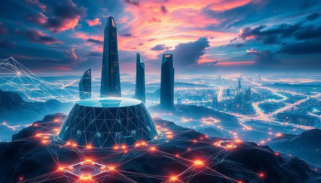 A majestic blockchain landscape with towering digital assets rising into a vibrant, futuristic sky. In the foreground, a cluster of sleek, geometric tokenization platforms glowing with a metallic sheen, surrounded by a swirling array of data streams and cryptographic patterns. The middle ground features a network of intertwined blockchain nodes, their pulsing lights casting a warm, electronic glow. In the background, a sprawling metropolis of smart contracts and decentralized applications shimmers in the distance, hinting at the vast potential of this revolutionary technology. The overall scene conveys a sense of dynamism, innovation, and the transformative power of blockchain-powered digital asset tokenization.