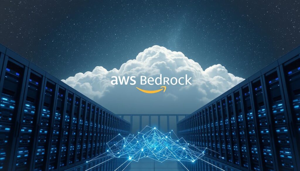 A massive, cloud-like data center rises against a backdrop of a starry night sky. Sleek, metallic servers and racks of glowing hardware fill the foreground, their cool blue lights casting a serene glow. In the middle ground, holographic displays flicker with real-time blockchain transaction data, visualized in a dynamic, abstract pattern. The entire scene is bathed in a soft, diffused light, creating an aura of technological sophistication and advanced infrastructure. Towering above it all, the AWS Bedrock logo shines brightly, a beacon of the cutting-edge blockchain data processing capabilities that power this robust, secure digital ecosystem.