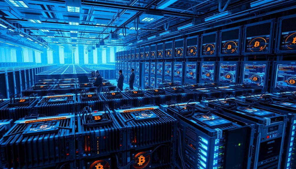 A massive data center with rows of specialized mining rigs, their LED-illuminated coolers and fans whirring in a symphony of computational power. In the foreground, a bank of mining machines with intricate heatsinks and circuits, their screens displaying real-time analytics of hash rates and energy consumption. The middle ground showcases a team of technicians monitoring the systems, adjusting settings and troubleshooting issues. In the background, an expansive landscape of server racks and cooling towers, reflecting the scale and complexity of modern Bitcoin mining operations. The scene is bathed in a cool, blue-tinted light, conveying the clinical, high-tech atmosphere of this industrial cryptocurrency mining facility. A massive data center with rows of specialized mining rigs, their LED-illuminated coolers and fans whirring in a symphony of computational power. In the foreground, a bank of mining machines with intricate heatsinks and circuits, their screens displaying real-time analytics of hash rates and energy consumption. The middle ground showcases a team of technicians monitoring the systems, adjusting settings and troubleshooting issues. In the background, an expansive landscape of server racks and cooling towers, reflecting the scale and complexity of modern Bitcoin mining operations. The scene is bathed in a cool, blue-tinted light, conveying the clinical, high-tech atmosphere of this industrial cryptocurrency mining facility.
