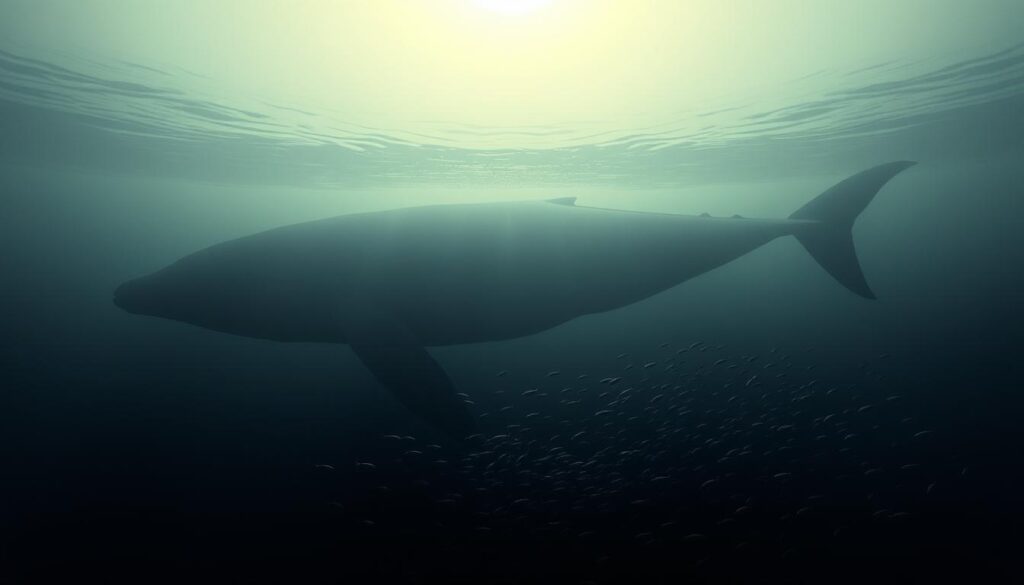 A massive underwater seascape, dimly lit by a distant sun. In the foreground, a colossal crypto whale, its enormous silhouette casting a shadow over the smaller fish. The whale's powerful body surges through the murky waters, sending ripples across the surface. In the middle ground, schools of smaller fish scatter in its wake, their frantic movements reflecting the whale's market impact. The background is a hazy, deep-sea vista, with towering kelp forests and the faint outlines of other elusive, powerful creatures lurking in the depths. The overall mood is one of awe and foreboding, capturing the immense influence these crypto whales wield over the market.