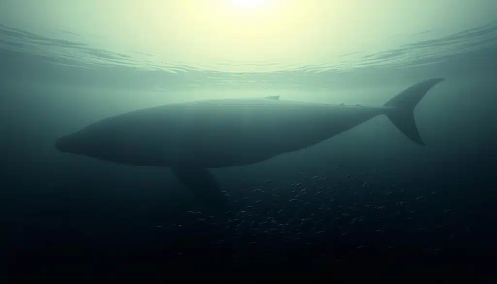 A massive underwater seascape, dimly lit by a distant sun. In the foreground, a colossal crypto whale, its enormous silhouette casting a shadow over the smaller fish. The whale's powerful body surges through the murky waters, sending ripples across the surface. In the middle ground, schools of smaller fish scatter in its wake, their frantic movements reflecting the whale's market impact. The background is a hazy, deep-sea vista, with towering kelp forests and the faint outlines of other elusive, powerful creatures lurking in the depths. The overall mood is one of awe and foreboding, capturing the immense influence these crypto whales wield over the market.