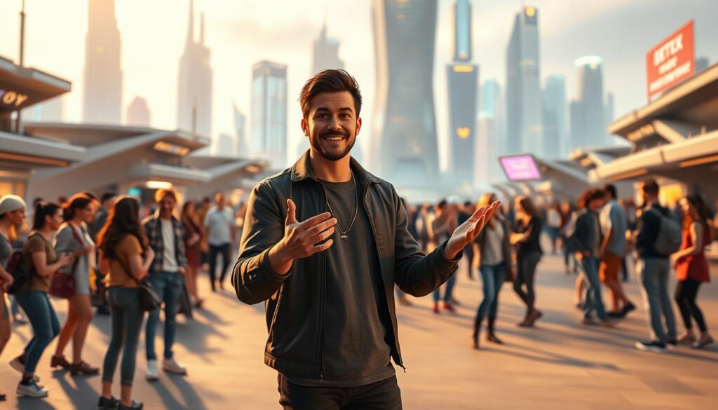 A metaverse influencer stands confidently in a virtual town square, surrounded by a bustling community. Warm lighting casts a soft glow, highlighting their engaging presence. In the foreground, the influencer gestures animatedly, leading a discussion with a group of attentive followers. In the middle ground, avatars of various ages and backgrounds mingle, exchanging ideas and forming connections. The background features a futuristic cityscape, its towering buildings and neon-lit skyline reflecting the boundless potential of the metaverse. Subtle camera angles and depth of field create a sense of immersion, drawing the viewer into this vibrant, digital ecosystem.