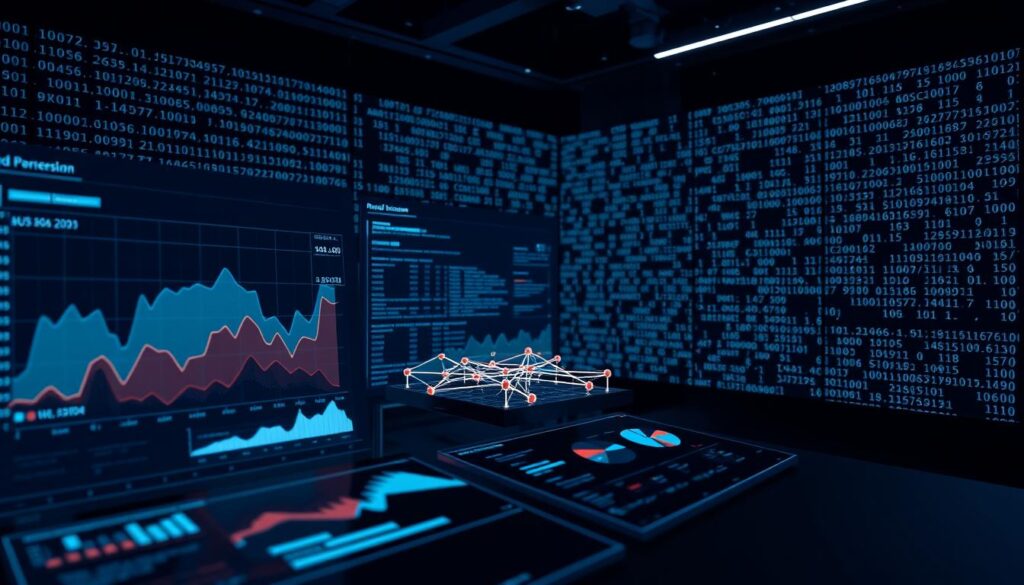 A meticulously crafted blockchain data analysis dashboard, bathed in a cool, technocratic glow. In the foreground, a series of interactive charts and graphs, visualizing exam performance metrics with precision. The middle ground features a 3D model of a blockchain network, its nodes pulsing with encrypted data. In the background, a vast expanse of binary code cascades across multiple high-resolution displays, creating an atmosphere of analytical rigor and digital prowess. Subtle, moody lighting and a minimalist aesthetic convey a sense of technological mastery and data-driven insight.