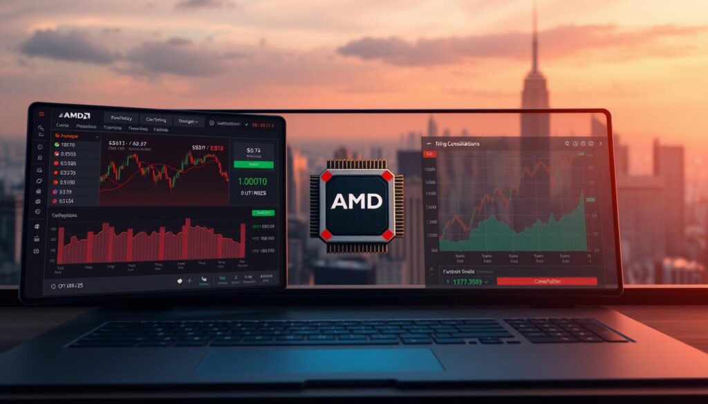 A meticulously-crafted digital illustration showcasing the essential tools for an AMD trading strategy during a market consolidation phase. In the foreground, a sleek and intuitive dashboard displays real-time market data, technical indicators, and customizable trading signals. In the middle ground, a 3D model of an AMD processor chip rotates, symbolizing the core technology powering the trading strategies. The background features a subdued, yet elegant cityscape, representing the broader financial landscape. The scene is bathed in a warm, inviting lighting, conveying a sense of focus, analysis, and confident decision-making.