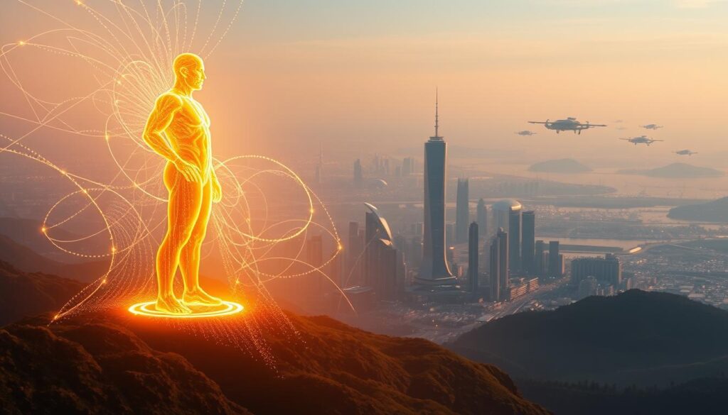 A meticulously crafted digital landscape, bathed in warm, golden light. In the foreground, a towering holographic figure dominates the scene, representing the true ownership of a valuable NFT asset. Glistening lines of code and data swirl around it, creating an aura of power and exclusivity. In the middle ground, a city skyline emerges, with futuristic skyscrapers and hovering vehicles, symbolizing the integration of blockchain technology into the modern world. The background is a serene, ethereal expanse, with subtle hints of other digital realms, suggesting the boundless potential of the NFT ecosystem.