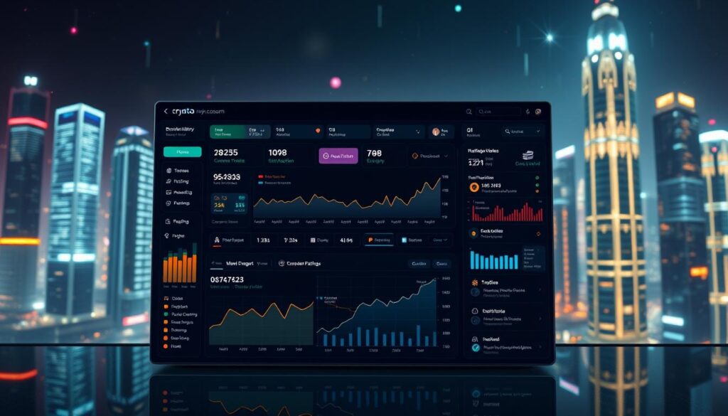 A meticulously crafted modern crypto accounting dashboard displays an array of intuitive features. The foreground showcases a sleek, minimalist interface with colorful graphs, charts, and interactive visualizations of portfolio performance, transaction history, and asset allocation. The middle ground features a sidebar with customizable settings, reporting tools, and smart investment recommendations powered by AI algorithms. In the background, a futuristic cityscape with gleaming skyscrapers and digital data streams creates an immersive, high-tech ambiance, complemented by dramatic lighting and a cinematic depth of field. The overall mood is one of technological sophistication, financial empowerment, and streamlined crypto asset management.