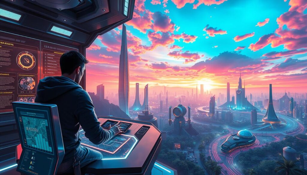 A meticulously crafted scene depicting the optimal strategies for maximizing daily rewards in a vibrant, futuristic setting. In the foreground, a determined gamer sits at a sleek, holographic command center, surrounded by glowing screens displaying complex data visualizations and game mechanics. The middle ground showcases a lush, cyberpunk landscape, with towering skyscrapers and neon-lit streets. In the background, a stunning vista of a sprawling, technologically-advanced city under a vivid, technicolor sky. The lighting is dramatic, with a mix of cool and warm tones, creating an atmosphere of intensity and focus. The overall composition conveys a sense of strategic mastery, innovation, and the pursuit of digital wealth and prosperity.