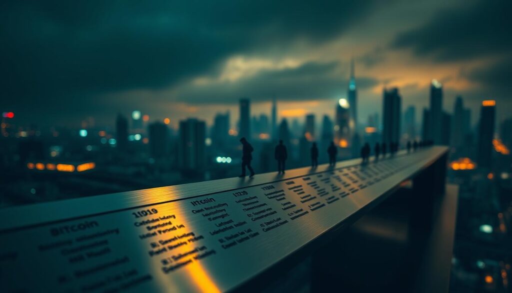 A meticulously crafted timeline of crypto milestones, captured in a wide-angle lens with a cinematic depth of field. The foreground features a sleek, brushed metal timeline, etched with key events from Bitcoin's inception to the rise of modern altcoins. The middle ground showcases symbolic icons representing different blockchain technologies, each casting long, dramatic shadows. The background depicts a moody, futuristic cityscape, bathed in a warm, neon-infused glow, hinting at the transformative impact of the cryptocurrency revolution. The overall composition conveys a sense of progress, innovation, and the relentless march of technological advancement.