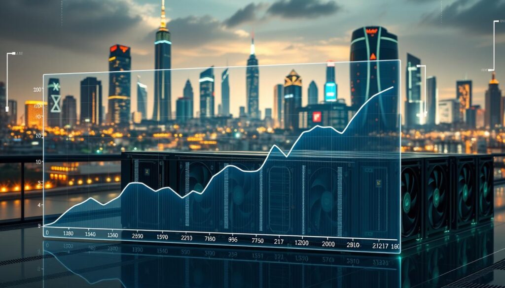 A meticulously crafted visualization of the fluctuating power consumption trends in the ASIC mining industry. In the foreground, a detailed graph depicts the rise and fall of power demands over time, displayed on a sleek, high-resolution digital panel. The middle ground showcases a cluster of modern ASIC mining rigs, their intricate heat sinks and fans illuminated by a soft, warm lighting scheme. In the background, a futuristic cityscape with towering skyscrapers and glowing technological infrastructure sets the scene, conveying the scale and importance of the cryptocurrency mining ecosystem. The overall composition exudes a sense of technological sophistication and data-driven insights, perfectly aligning with the "Mining Profit Insights from Market Data" section of the article.
