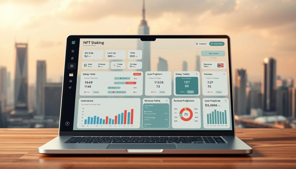 A meticulously designed NFT staking dashboard displayed on a sleek, silver laptop. The foreground features interactive widgets and charts that analyze staking yields, lock-up periods, and revenue projections. The middle ground showcases various NFT staking platforms, each with distinct branding and UI design. In the background, a city skyline with towering futuristic skyscrapers sets the scene, radiating an air of technological innovation. Warm, diffused lighting casts a professional, authoritative mood, while a shallow depth of field keeps the focus on the laptop screen. The entire composition conveys a sense of comprehensive evaluation and informed decision-making for crypto investors seeking passive income opportunities.