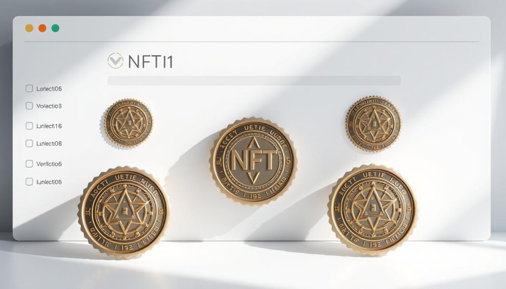 A meticulously designed set of NFT voting badges against a backdrop of a sleek, minimalist user interface. The badges, representing various levels of user verification and governance participation, are rendered with a metallic sheen and intricate geometric patterns that catch the light, exuding a sense of authority and importance. The interface features a clean, monochromatic color scheme with subtle gradients, emphasizing the badges as the central focus. Soft, directional lighting casts gentle shadows, accentuating the depth and dimensionality of the design. The overall composition conveys a mood of transparency, trust, and the power of community-driven decision-making.