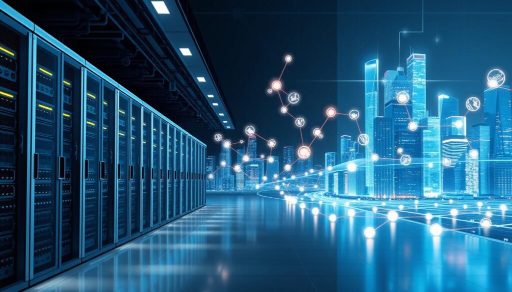 A meticulously detailed architectural illustration showcasing the high-performance and scalable infrastructure of QuickNode. The foreground depicts a futuristic data center, with rows of sleek, state-of-the-art server racks, each emitting a soft, ambient glow. In the middle ground, a network of interconnected nodes and relays, represented by glowing orbs and dynamic data streams, illustrate the platform's impressive scalability and low-latency communication. The background features a vibrant, holographic cityscape, symbolizing the seamless integration of QuickNode's services with the broader blockchain ecosystem. Lighting is crisp and directional, creating depth and emphasizing the technical prowess of the system. The overall scene conveys a sense of power, efficiency, and cutting-edge innovation. A meticulously detailed architectural illustration showcasing the high-performance and scalable infrastructure of QuickNode. The foreground depicts a futuristic data center, with rows of sleek, state-of-the-art server racks, each emitting a soft, ambient glow. In the middle ground, a network of interconnected nodes and relays, represented by glowing orbs and dynamic data streams, illustrate the platform's impressive scalability and low-latency communication. The background features a vibrant, holographic cityscape, symbolizing the seamless integration of QuickNode's services with the broader blockchain ecosystem. Lighting is crisp and directional, creating depth and emphasizing the technical prowess of the system. The overall scene conveys a sense of power, efficiency, and cutting-edge innovation.
