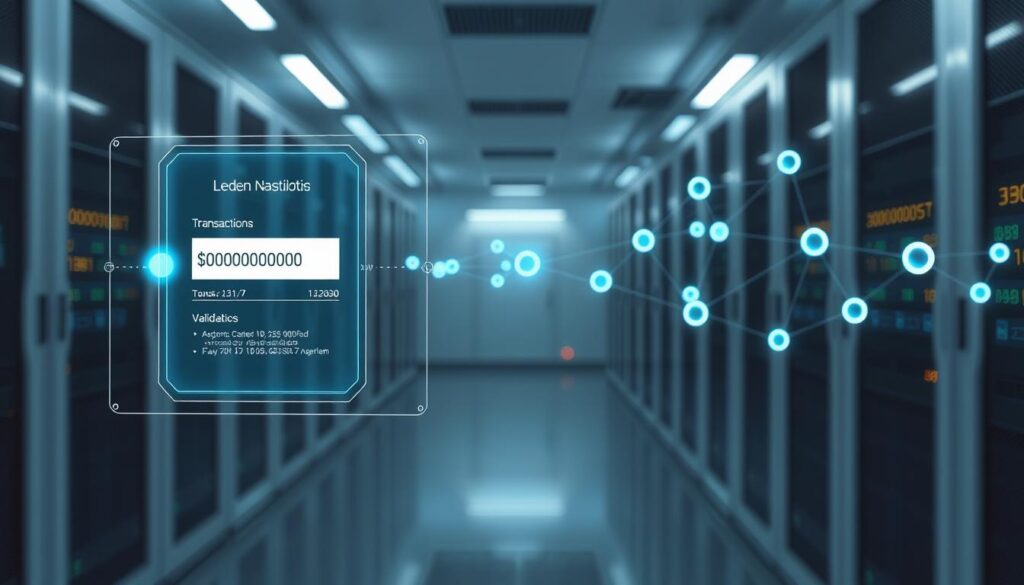 A meticulously detailed blockchain ledger verification process, with a sleek and minimalist aesthetic. In the foreground, a holographic user interface displays a blockchain transaction, its digital signature and cryptographic hash information. In the middle ground, a series of interconnected nodes visualize the distributed consensus mechanism, with nodes lighting up as they validate the transaction. In the background, a clean and futuristic data center environment, with low-lit server racks and a hint of glowing circuitry. The overall scene conveys a sense of technological sophistication, security, and the intricate workings of a robust blockchain network.
