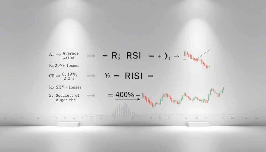 A meticulously detailed illustration of the core mathematical components used in the Relative Strength Index (RSI) calculation. Displayed against a clean, minimalist backdrop, the foreground features a crisp, technical depiction of the RSI formula, including variables such as average gains, average losses, and the smoothing factor. The middle ground showcases relevant data visualizations like line charts and candlestick patterns, providing essential context for the RSI calculation. The background subtly hints at the financial markets, with muted grid lines and coordinate axes, creating a professional, analytical atmosphere. Lit by soft, directional lighting to accentuate the precision and clarity of the technical elements. A meticulously detailed illustration of the core mathematical components used in the Relative Strength Index (RSI) calculation. Displayed against a clean, minimalist backdrop, the foreground features a crisp, technical depiction of the RSI formula, including variables such as average gains, average losses, and the smoothing factor. The middle ground showcases relevant data visualizations like line charts and candlestick patterns, providing essential context for the RSI calculation. The background subtly hints at the financial markets, with muted grid lines and coordinate axes, creating a professional, analytical atmosphere. Lit by soft, directional lighting to accentuate the precision and clarity of the technical elements.