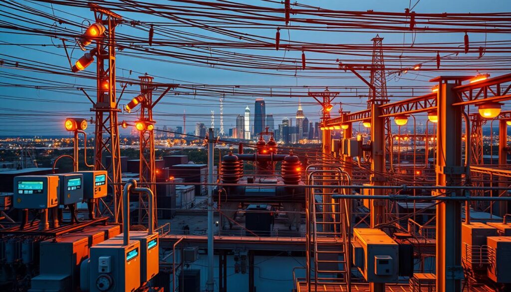 A meticulously engineered smart grid, its intricate network of power lines and substations bathed in a warm, golden glow. In the foreground, sleek energy meters and sensors monitor the flow of electricity, while in the middle ground, transformers and switchgear hum with efficiency. The background reveals a cityscape, its skyscrapers and infrastructure seamlessly integrated with the grid, showcasing the seamless integration of renewable energy sources and advanced energy management systems. The scene conveys a sense of technological sophistication, reliability, and environmental responsibility, capturing the essence of a modernized, resilient power grid.