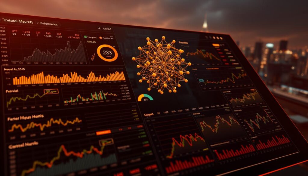 A meticulously rendered dashboard displaying an array of technical indicators and performance metrics, illuminated by warm, focused lighting from a high angle. The foreground features a grid of charts, graphs, and numerical data visualizing various crypto market trends and patterns. The middle ground showcases a 3D model of a neural network architecture, its nodes pulsing with activity. The background depicts a moody, futuristic cityscape, hinting at the integration of these analytical tools within a broader technological landscape. A meticulously rendered dashboard displaying an array of technical indicators and performance metrics, illuminated by warm, focused lighting from a high angle. The foreground features a grid of charts, graphs, and numerical data visualizing various crypto market trends and patterns. The middle ground showcases a 3D model of a neural network architecture, its nodes pulsing with activity. The background depicts a moody, futuristic cityscape, hinting at the integration of these analytical tools within a broader technological landscape.
